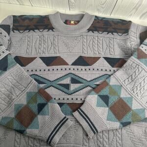 Vintage 1990s Geometric Pure Wool Gray Sweater Size Medium (115) Retro Grunge